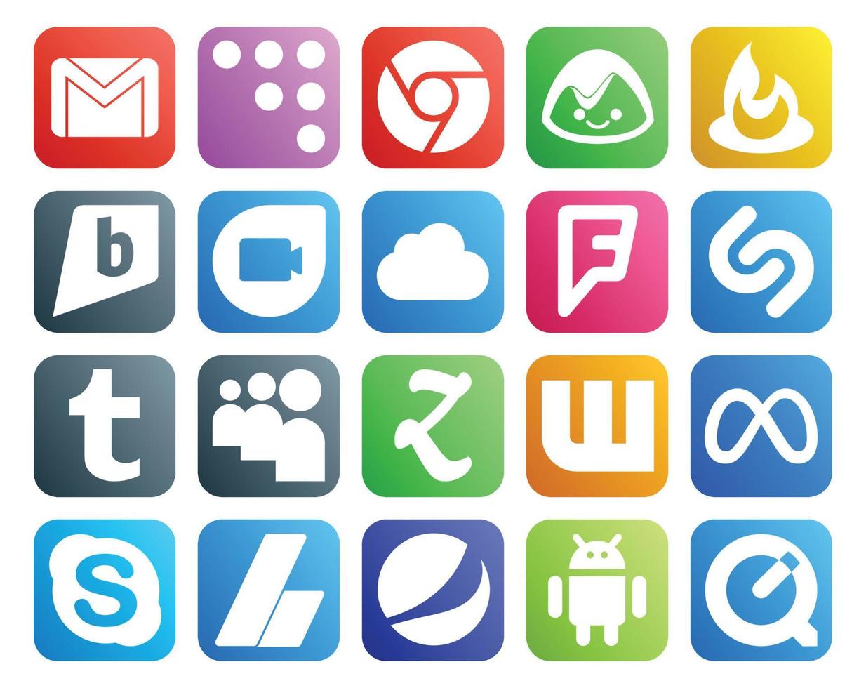 20 social meios de comunicação ícone pacote Incluindo Facebook watpad Google duo zootool tumblr vetor