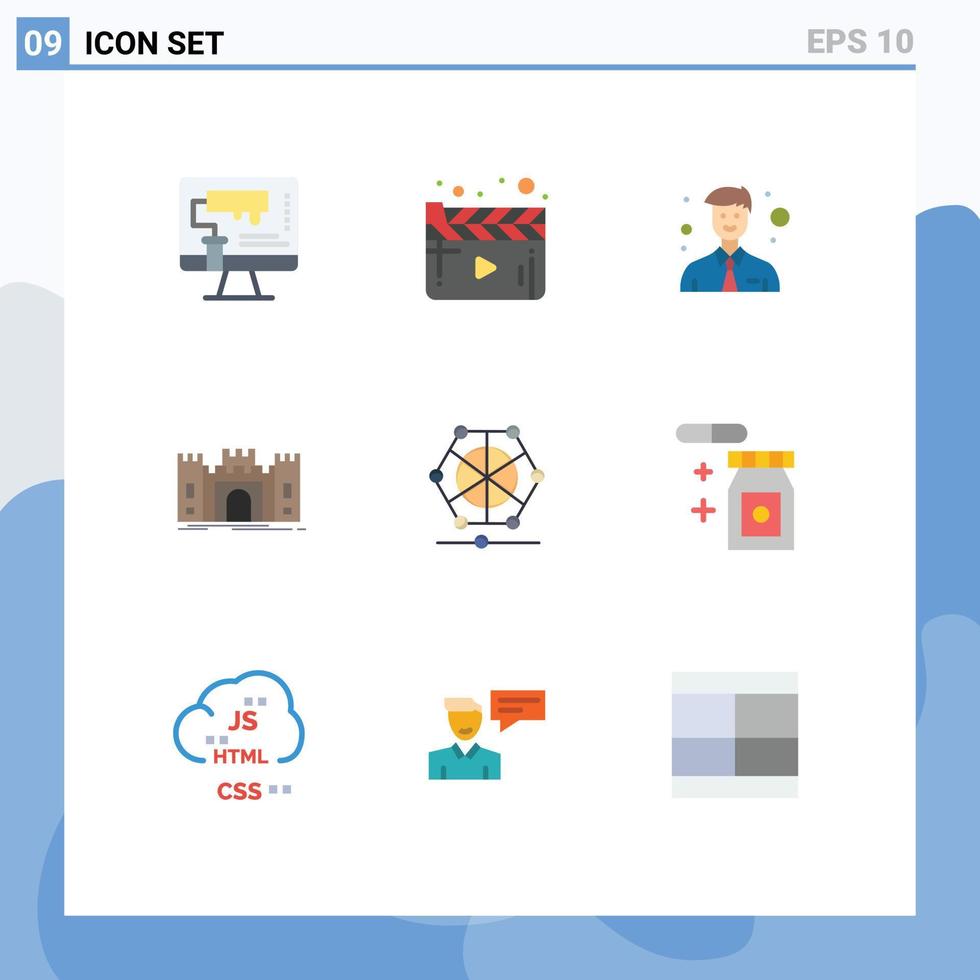 universal ícone símbolos grupo do 9 moderno plano cores do máquina fortaleza vídeo forte castelo editável vetor Projeto elementos