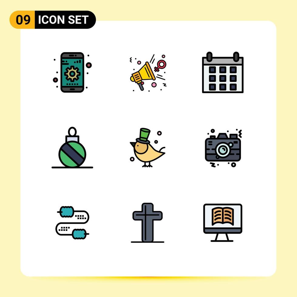 Móvel interface linha preenchida plano cor conjunto do 9 pictogramas do mosca decoração alto falante Natal bola bola editável vetor Projeto elementos