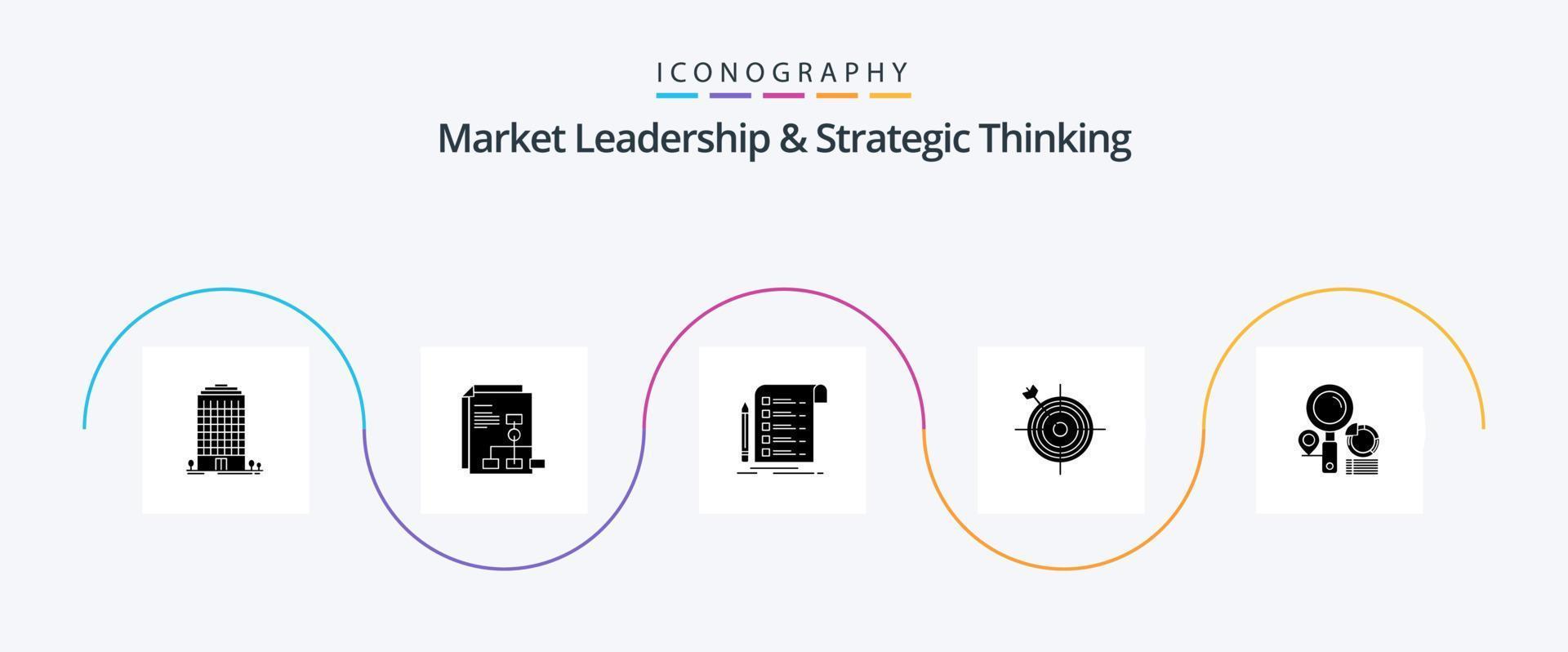 mercado Liderança e estratégico pensando glifo 5 ícone pacote Incluindo alvo. dardo. arquivo. borda. lista de controle vetor