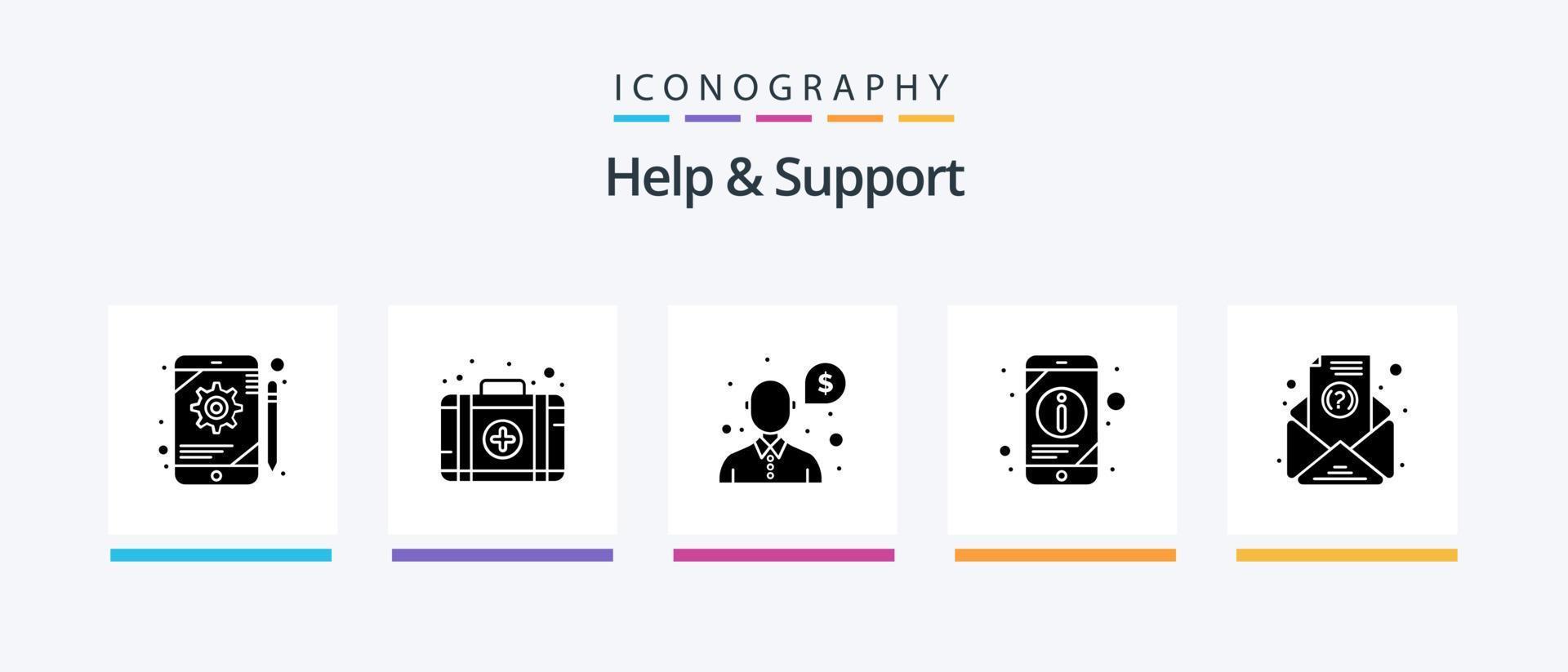 Socorro e Apoio, suporte glifo 5 ícone pacote Incluindo inscrição. e-mail. dinheiro. telefone. móvel. criativo ícones Projeto vetor