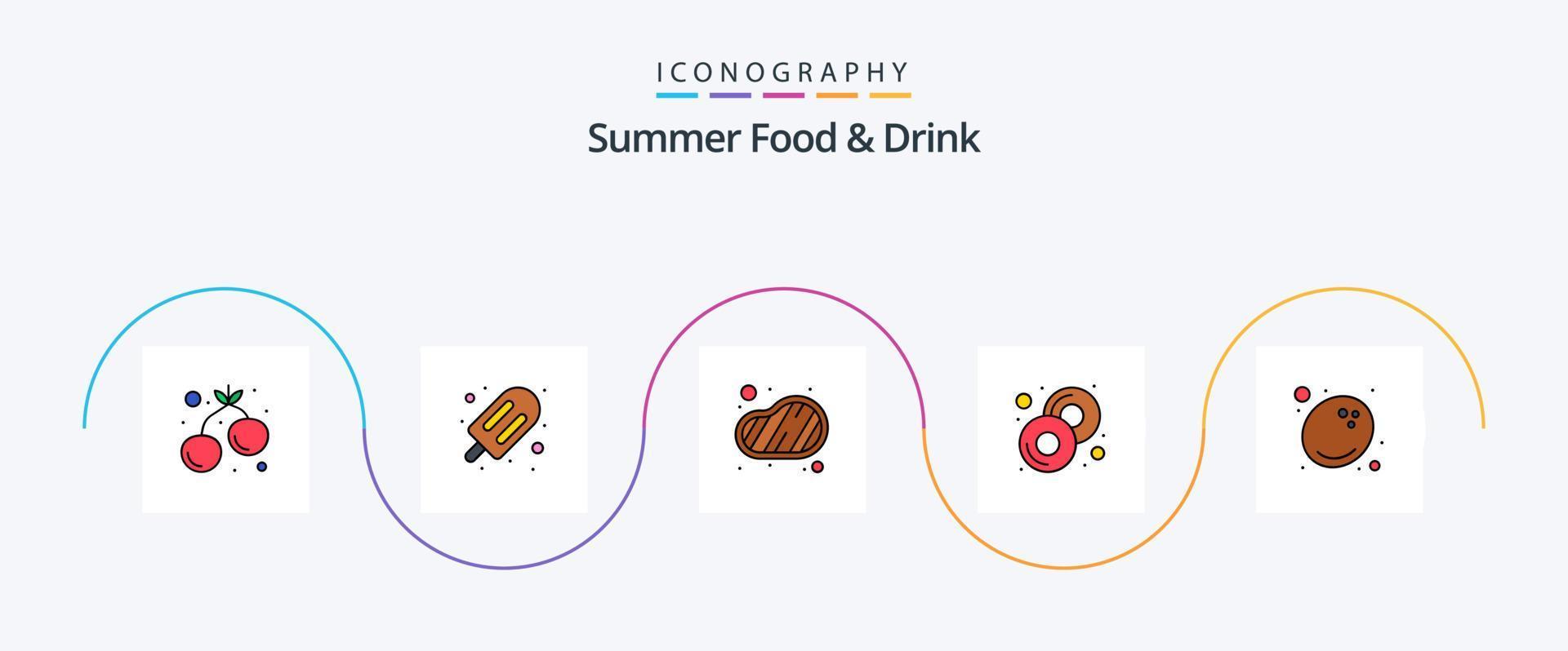 verão Comida e beber linha preenchidas plano 5 ícone pacote Incluindo Comida. Comida. churrasco. lanche. rosquinha vetor