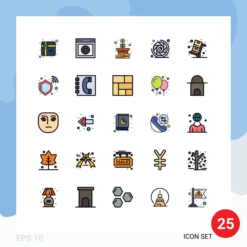 pacote do 25 moderno preenchidas linha plano cores sinais e símbolos para rede impressão meios de comunicação tal Como venda lente abertura crescimento Câmera obturador Câmera editável vetor Projeto elementos