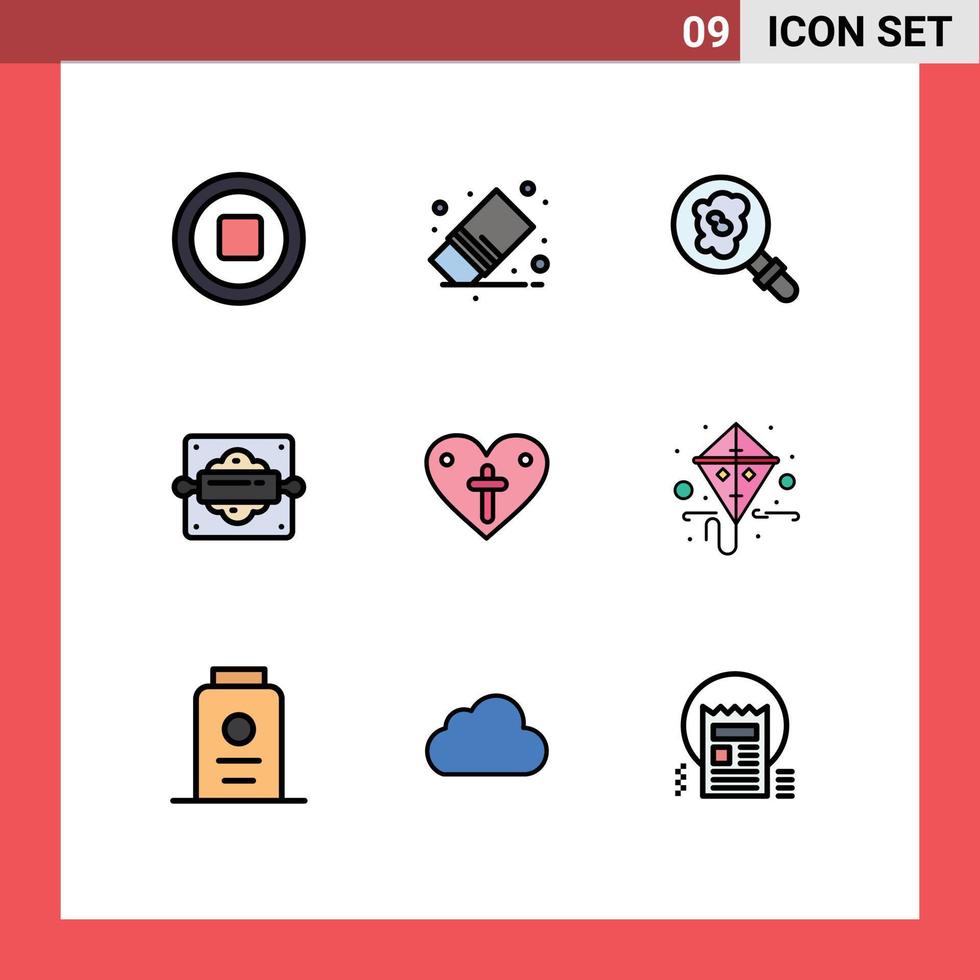 Móvel interface linha preenchida plano cor conjunto do 9 pictogramas do Páscoa coração procurar pão rolando PIN cozimento editável vetor Projeto elementos