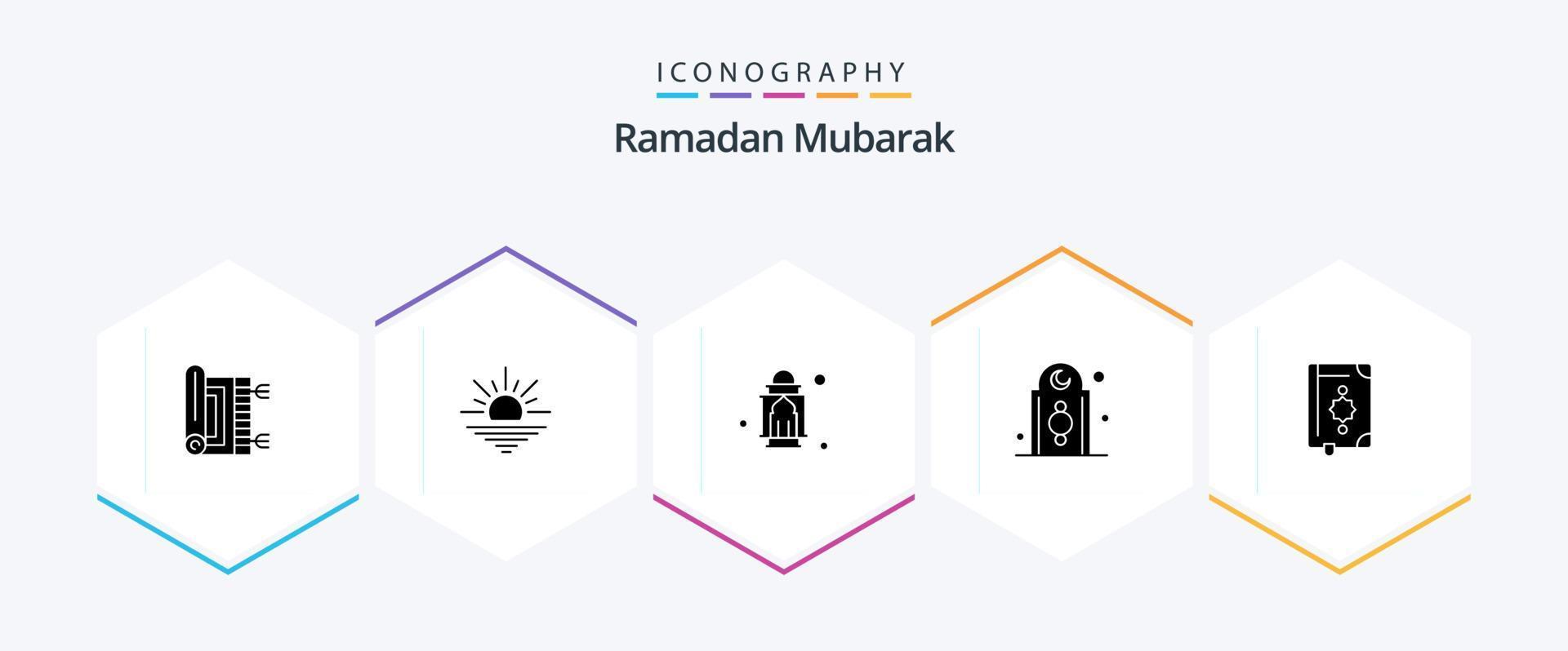 Ramadã 25 glifo ícone pacote Incluindo torre. eid. abrir. decoração. lua vetor