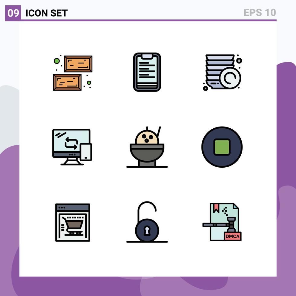 9 temático vetor linha preenchida plano cores e editável símbolos do multimídia tigela cozinha transferir Móvel editável vetor Projeto elementos