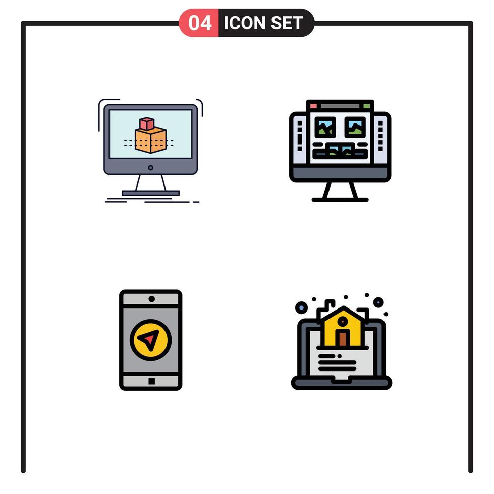 Móvel interface linha preenchida plano cor conjunto do 4 pictogramas do cubo mensagem esboço monitor ponteiro editável vetor Projeto elementos