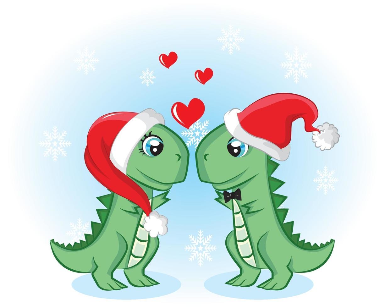 casal de férias Dino com chapéus de amor e Papai Noel. cartão sazonal desenhado à mão vetor