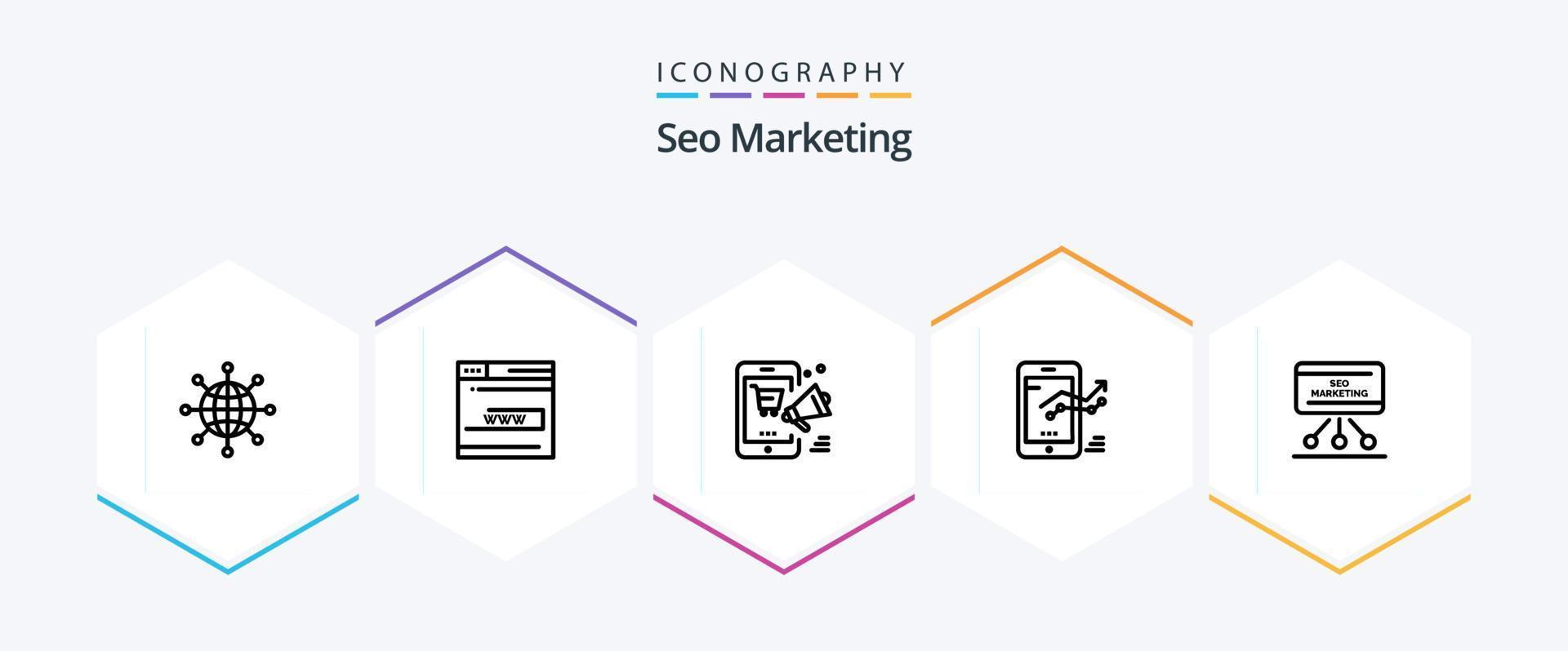 seo marketing 25 linha ícone pacote Incluindo móvel. gráfico. local na rede Internet. on-line. compras vetor