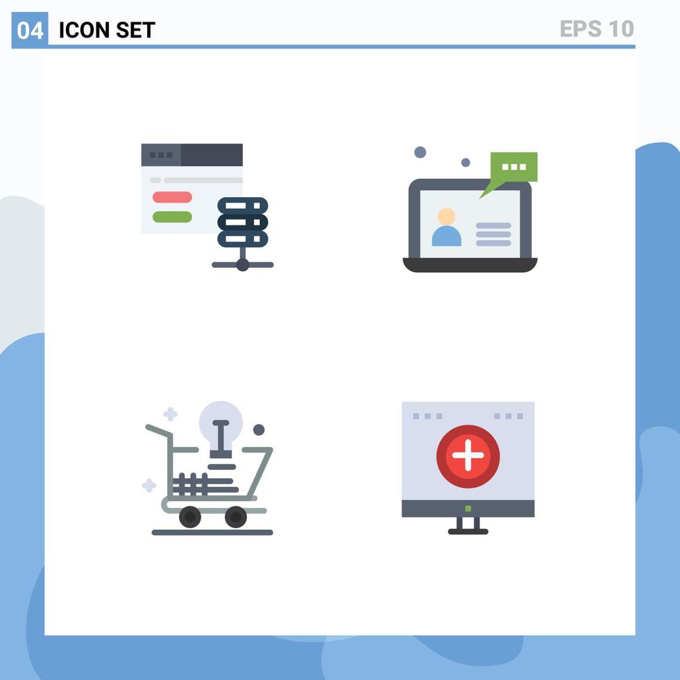 4 plano ícone conceito para sites Móvel e apps base de dados carrinho rede do utilizador conectados editável vetor Projeto elementos