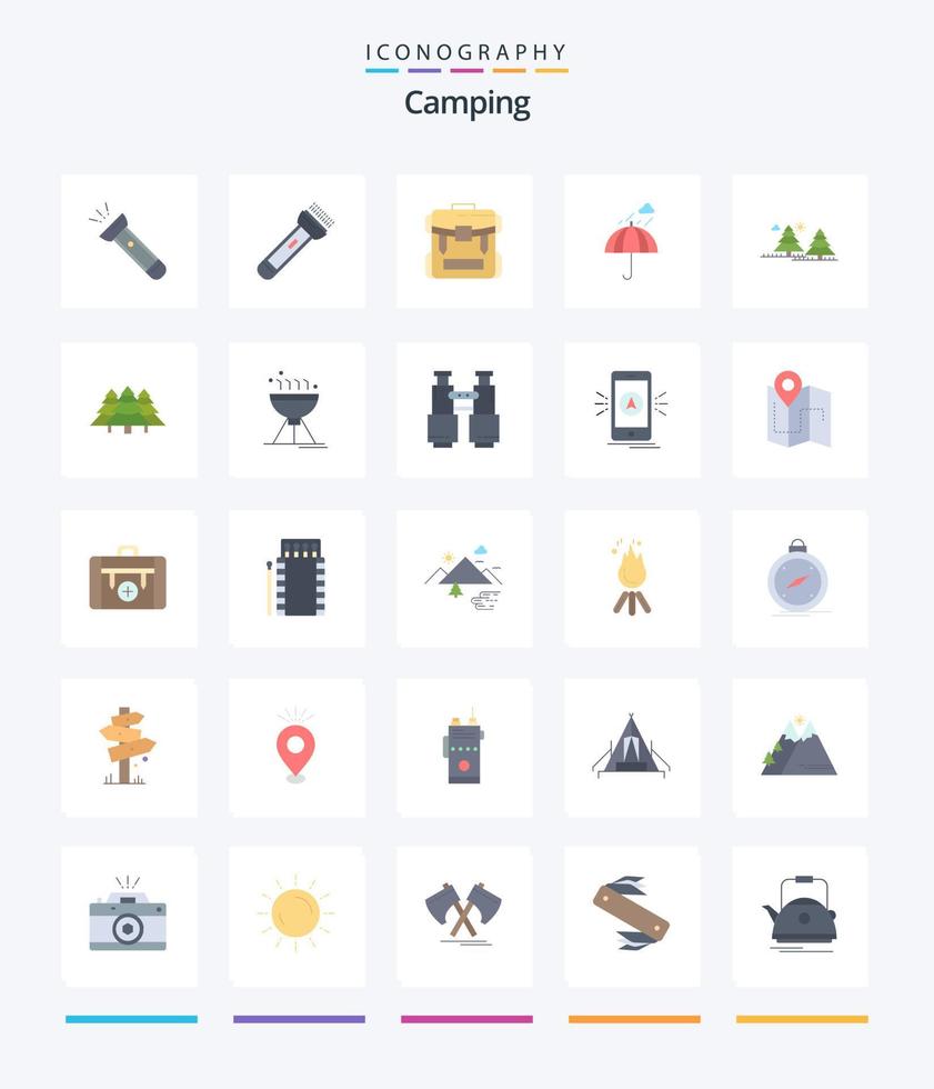 criativo acampamento 25 plano ícone pacote tal Como selva. floresta. caminhada. clima. chuva vetor