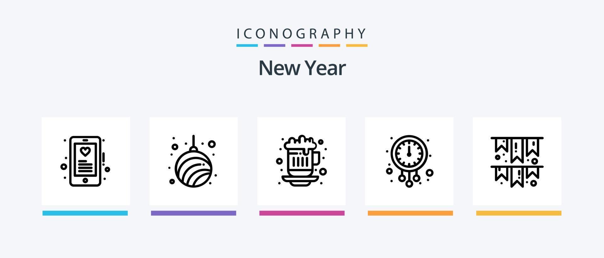 Novo ano linha 5 ícone pacote Incluindo calendário. luz bola. novo. Novo ano. Novo ano. criativo ícones Projeto vetor