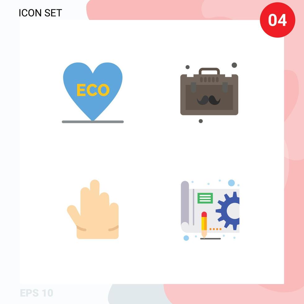 Móvel interface plano ícone conjunto do 4 pictogramas do eco mão meio Ambiente escritório azul impressão editável vetor Projeto elementos
