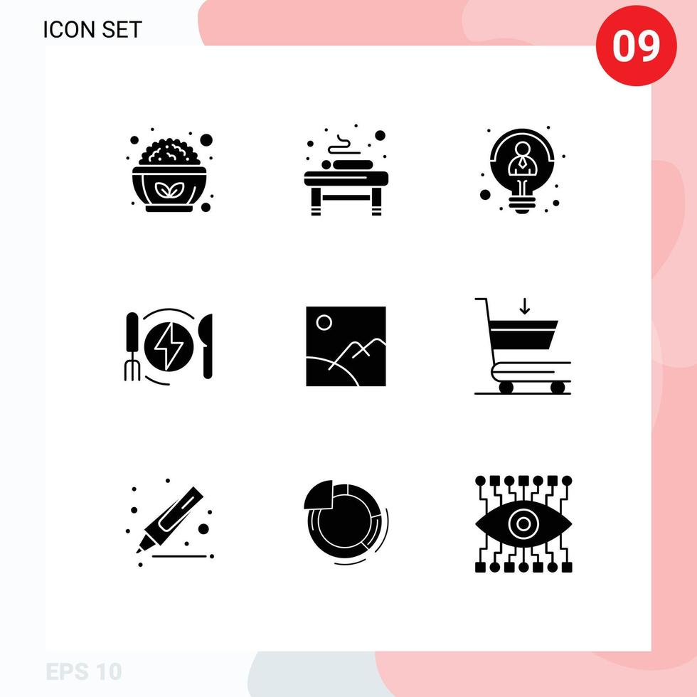 9 sólido glifo conceito para sites Móvel e apps galeria hotel criativo jantar consumo editável vetor Projeto elementos