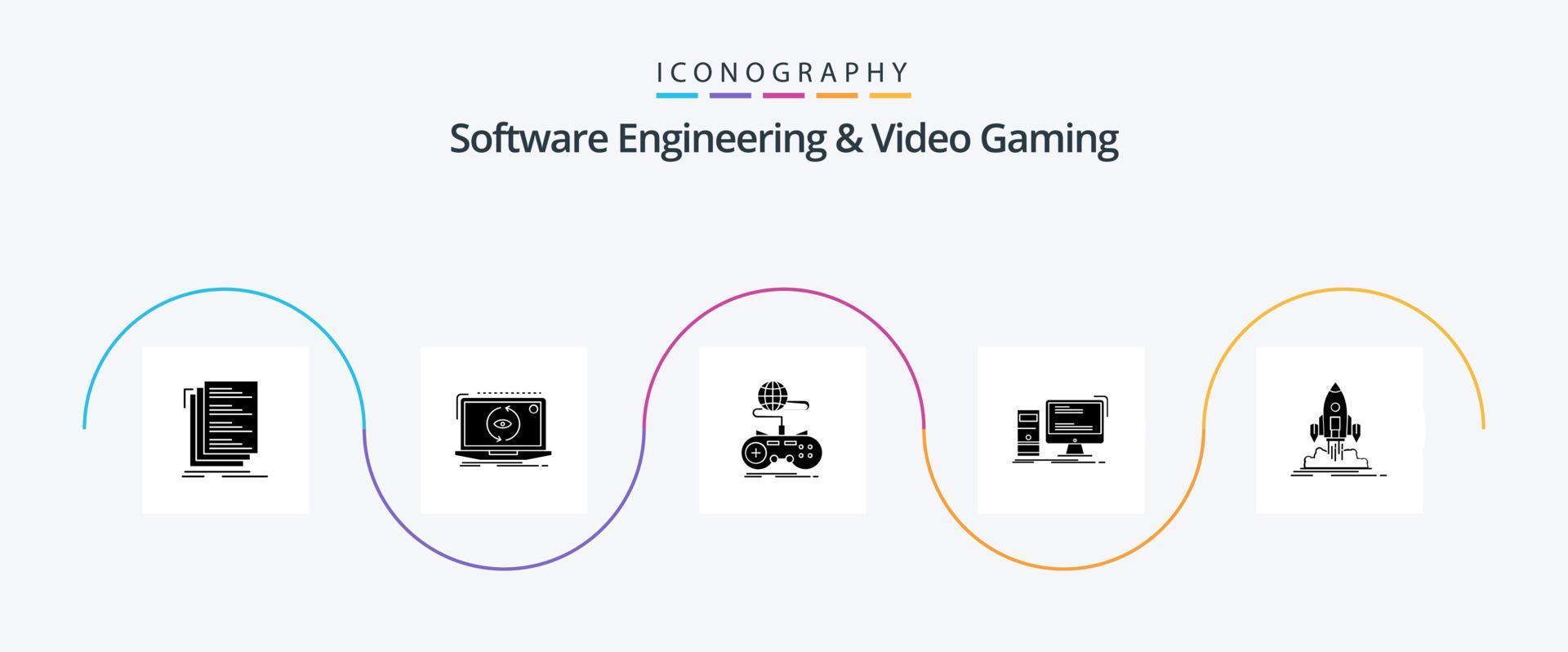 Programas Engenharia e vídeo jogos glifo 5 ícone pacote Incluindo jogos. computador. Programas. on-line. Internet vetor