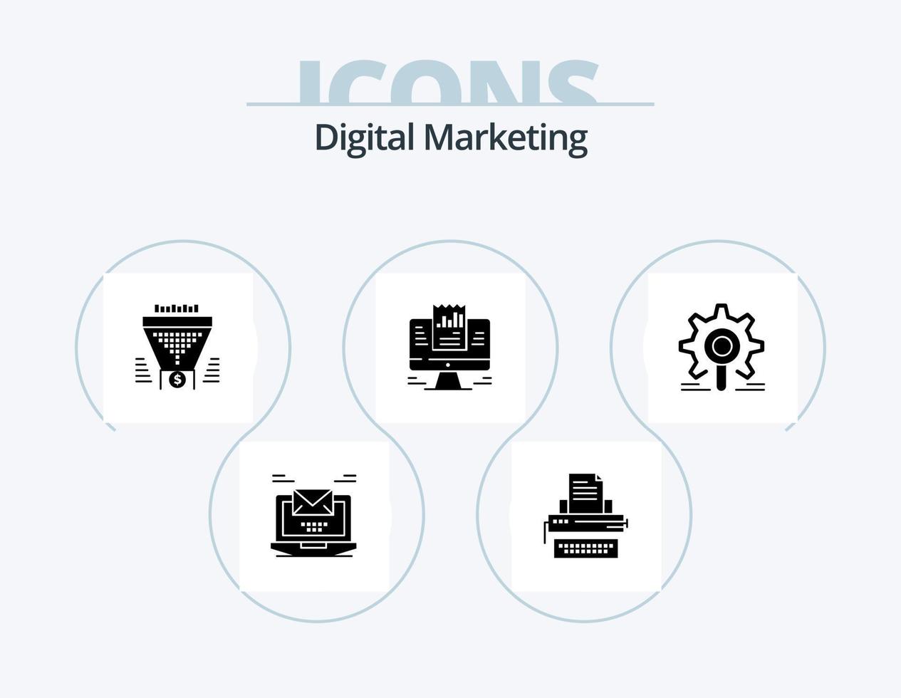 digital marketing glifo ícone pacote 5 ícone Projeto. computador portátil. relatório. chaves. dinheiro. funil vetor