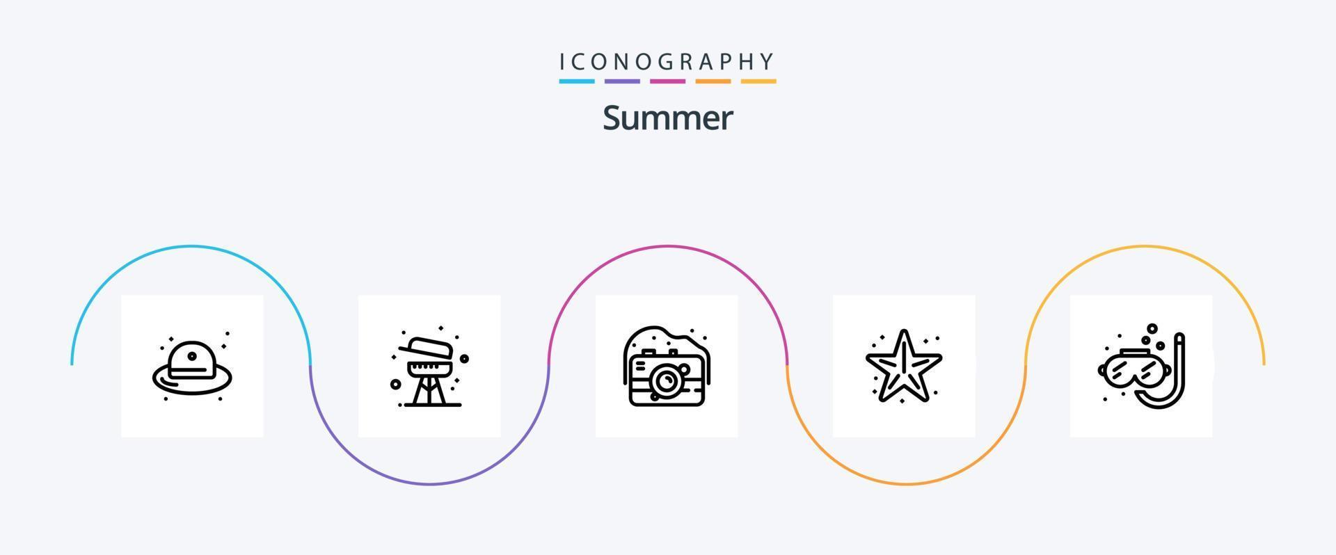 verão linha 5 ícone pacote Incluindo mergulhando. estrela. Câmera. mar. de praia vetor