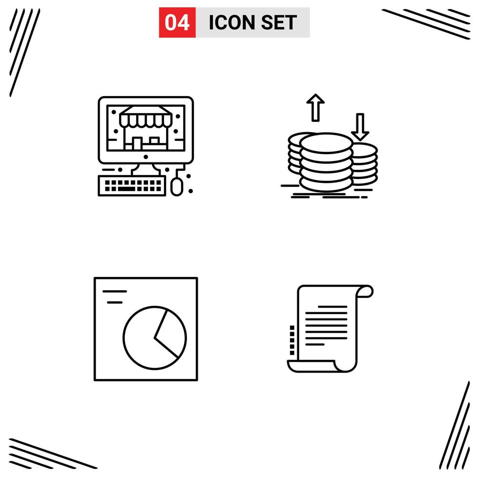 moderno conjunto do 4 linha preenchida plano cores pictograma do comércio eletrônico torta moedas ouro decreto editável vetor Projeto elementos
