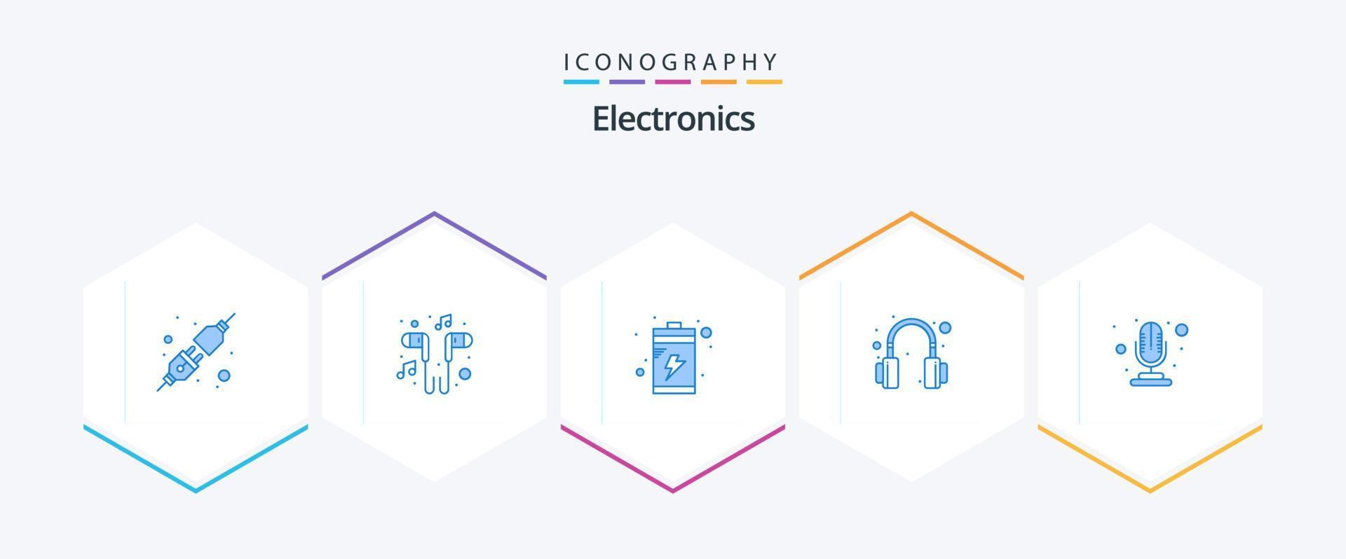 eletrônicos 25 azul ícone pacote Incluindo . microfone. bateria. microfone. fones de ouvido vetor