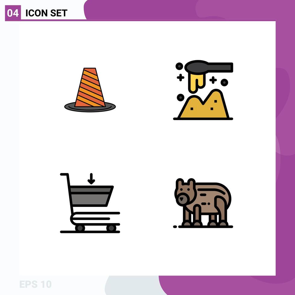 Móvel interface linha preenchida plano cor conjunto do 4 pictogramas do cone de madeira bloqueio concha comércio editável vetor Projeto elementos