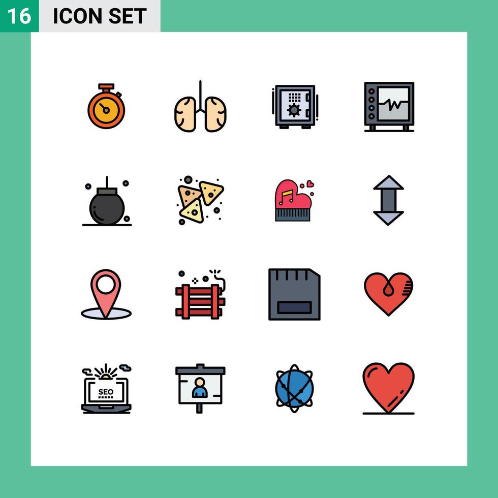 Móvel interface plano cor preenchidas linha conjunto do 16 pictogramas do médico saúde cuidados de saúde batida seguro editável criativo vetor Projeto elementos