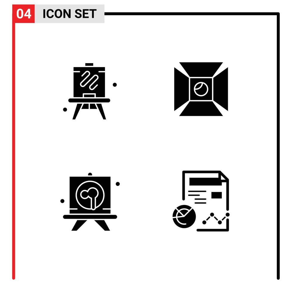 Móvel interface sólido glifo conjunto do 4 pictogramas do cavalete papelaria foco tiroteio relatório editável vetor Projeto elementos