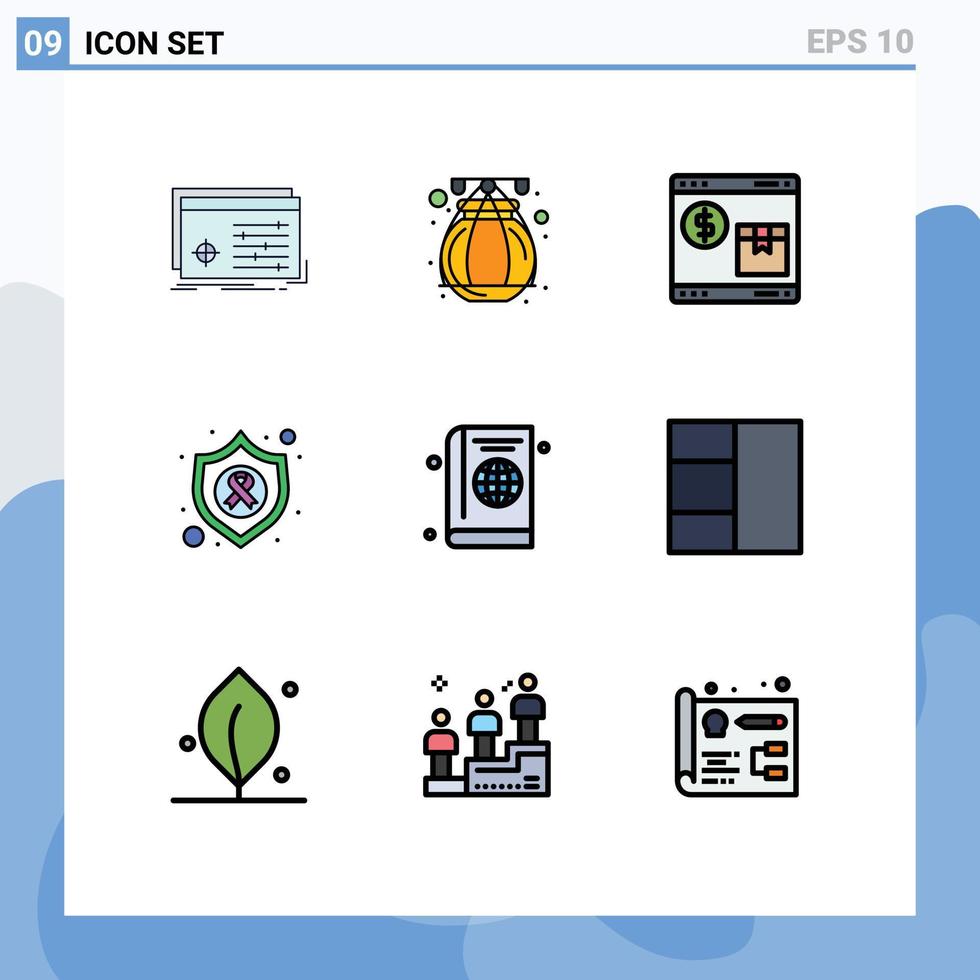 Móvel interface linha preenchida plano cor conjunto do 9 pictogramas do Passaporte escudo Internet proteger rede editável vetor Projeto elementos