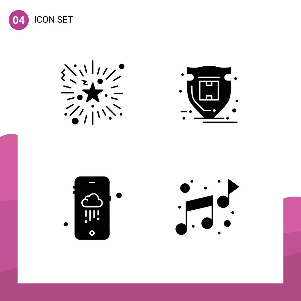 pictograma conjunto do 4 simples sólido glifos do evento clima noite festa escudo música editável vetor Projeto elementos