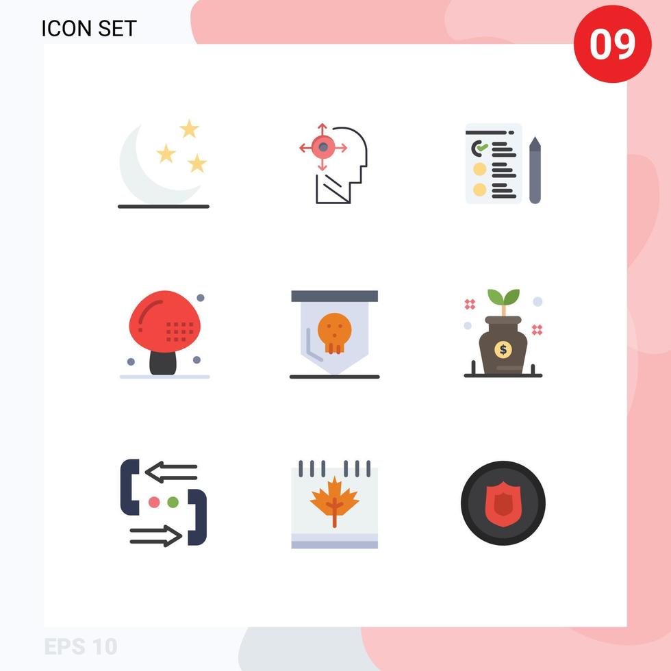 universal ícone símbolos grupo do 9 moderno plano cores do dia das Bruxas cogumelo cv refeição bebidas editável vetor Projeto elementos
