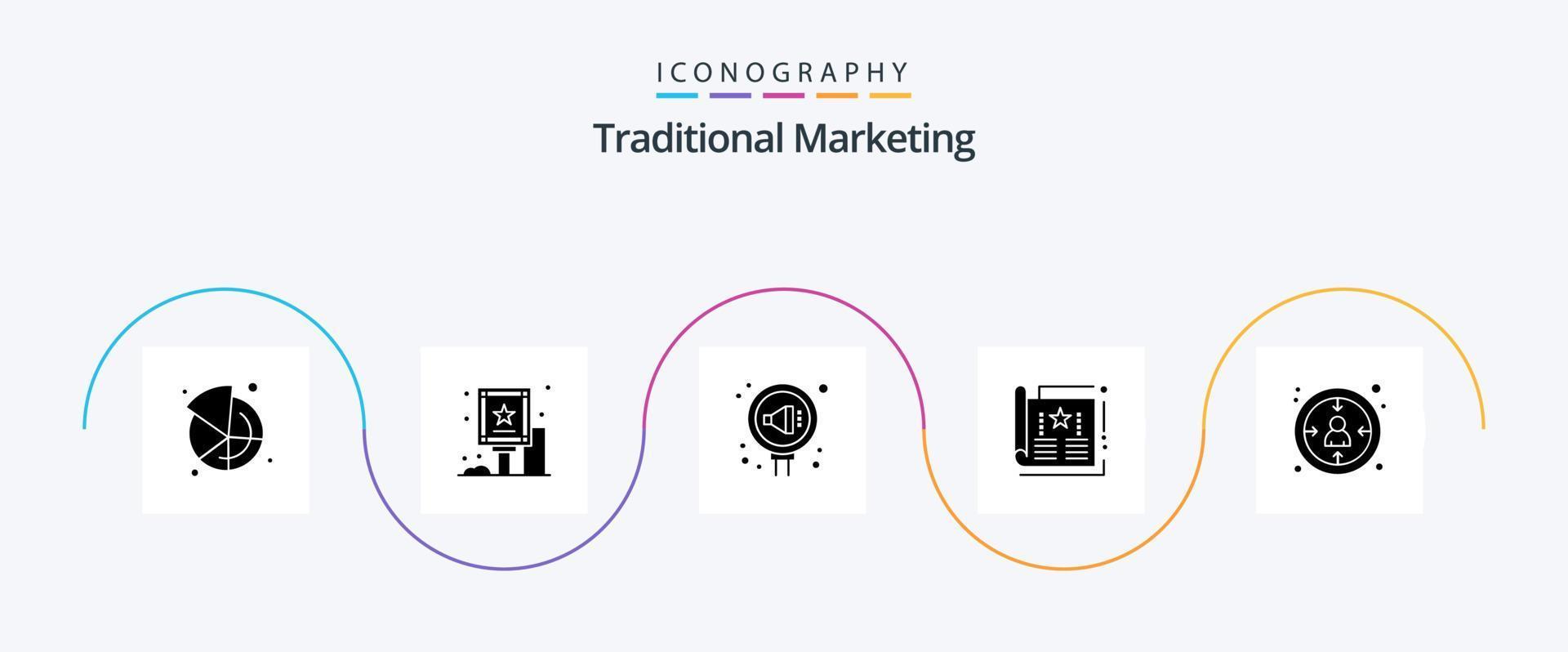 tradicional marketing glifo 5 ícone pacote Incluindo revista. cobrir. gerenciamento. anúncio. reputação vetor