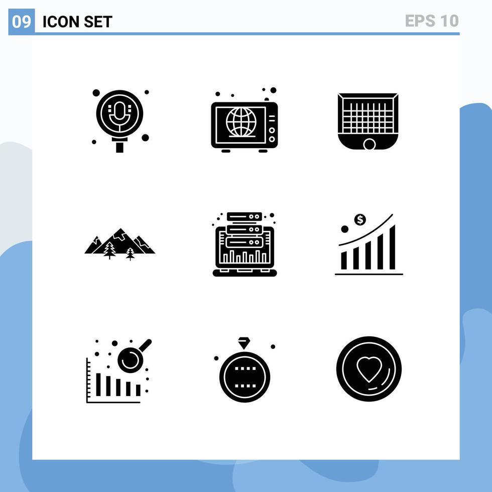 9 sólido glifo conceito para sites Móvel e apps montanha panorama bola Colina futebol editável vetor Projeto elementos