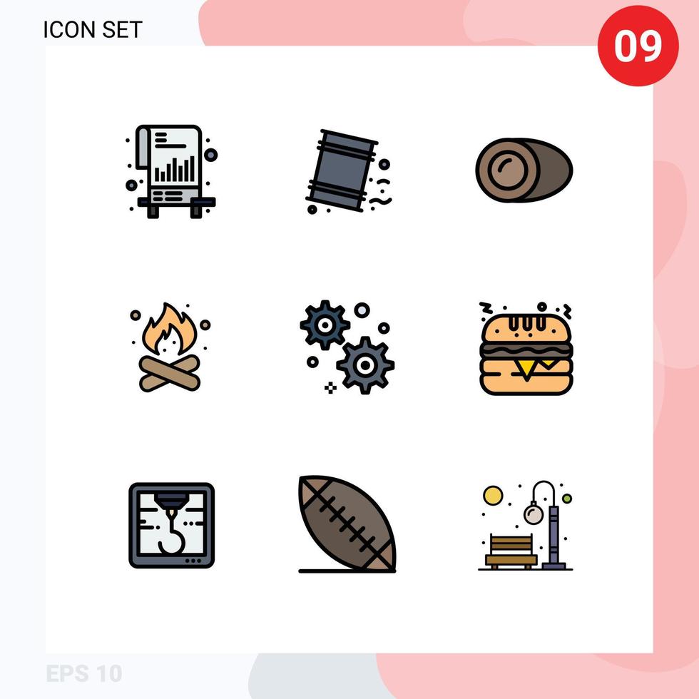 universal ícone símbolos grupo do 9 moderno linha preenchida plano cores do engrenagem configuração quente coco fogo acampamento editável vetor Projeto elementos