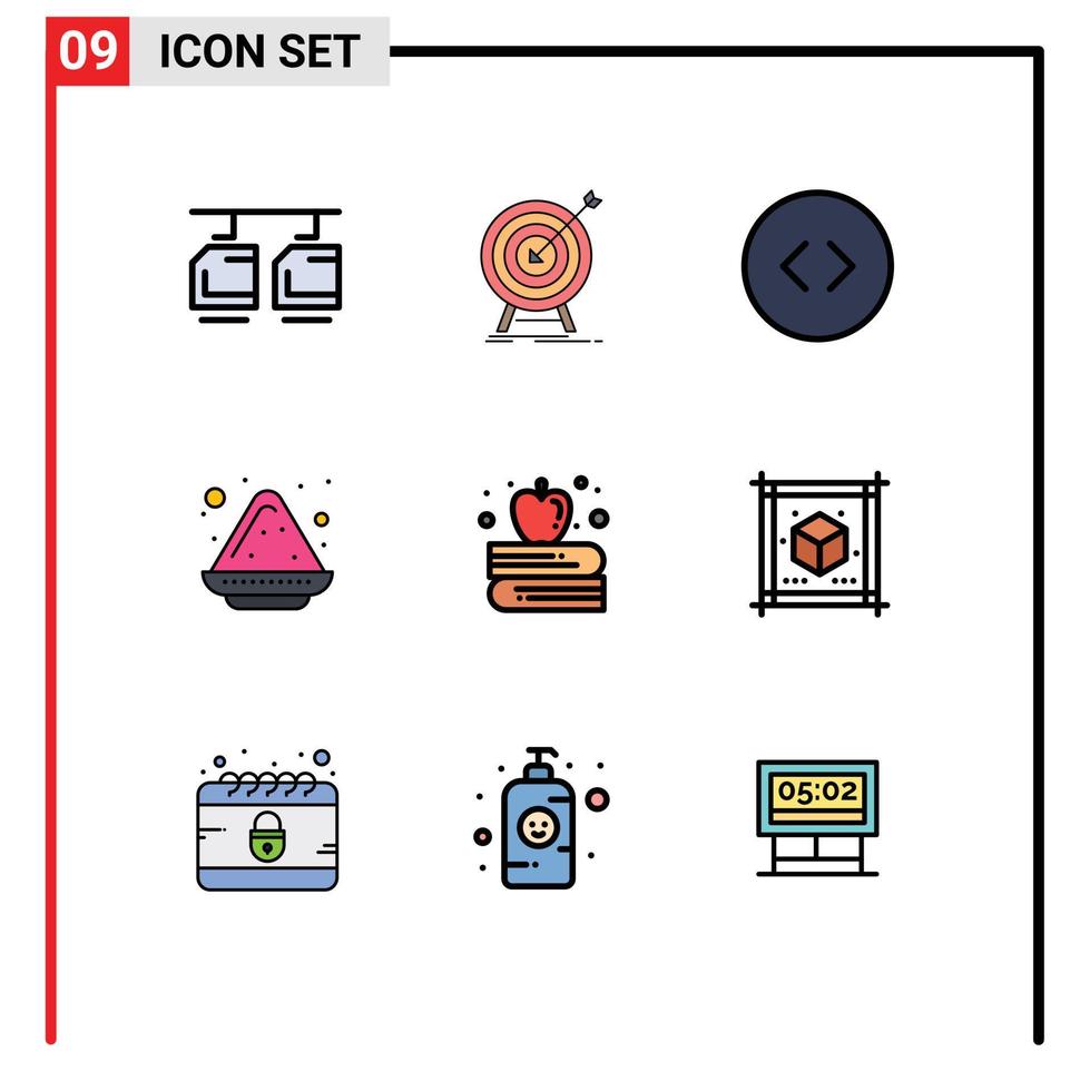 9 linha preenchida plano cor conceito para sites Móvel e apps maçã em livro pó alvo Índia cor prato editável vetor Projeto elementos