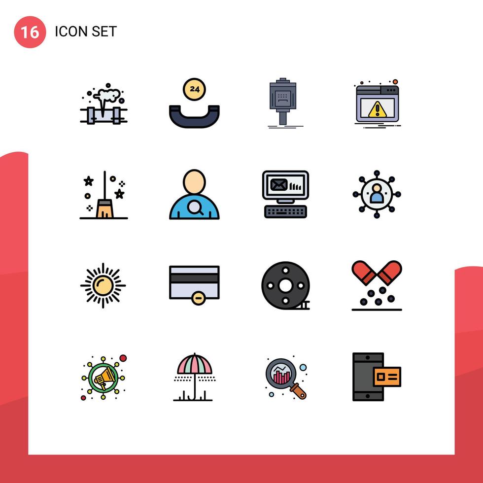 Móvel interface plano cor preenchidas linha conjunto do 16 pictogramas do cabo de vassoura Atenção estacionamento notificação rede editável criativo vetor Projeto elementos