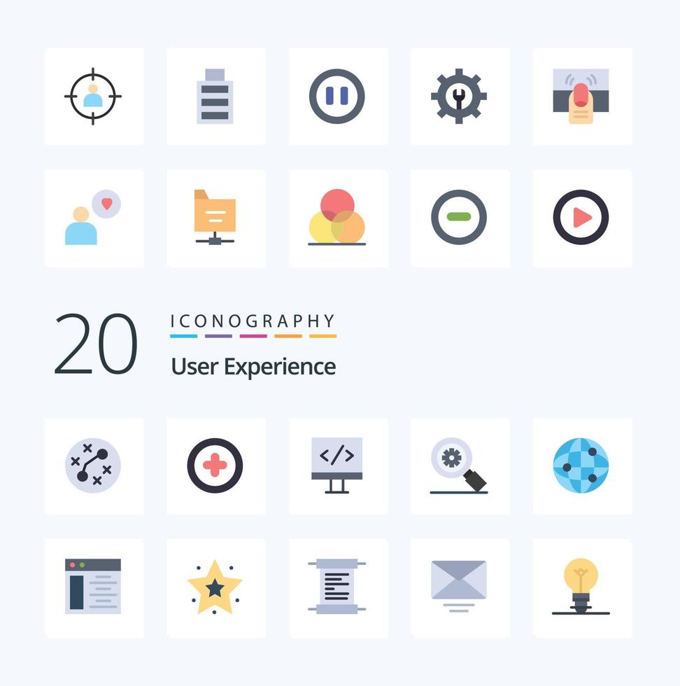 20 do utilizador experiência plano cor ícone pacote gostar rede globo monitor mundo engrenagem vetor
