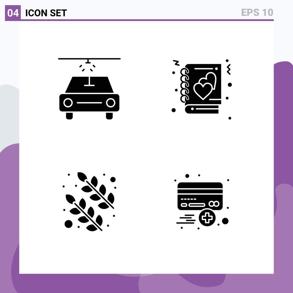 Móvel interface sólido glifo conjunto do 4 pictogramas do carro adicionar amor folha crédito editável vetor Projeto elementos
