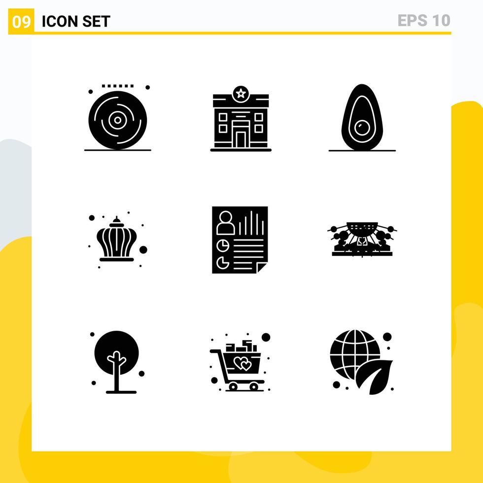 Móvel interface sólido glifo conjunto do 9 pictogramas do página dados abacate dia coroa editável vetor Projeto elementos