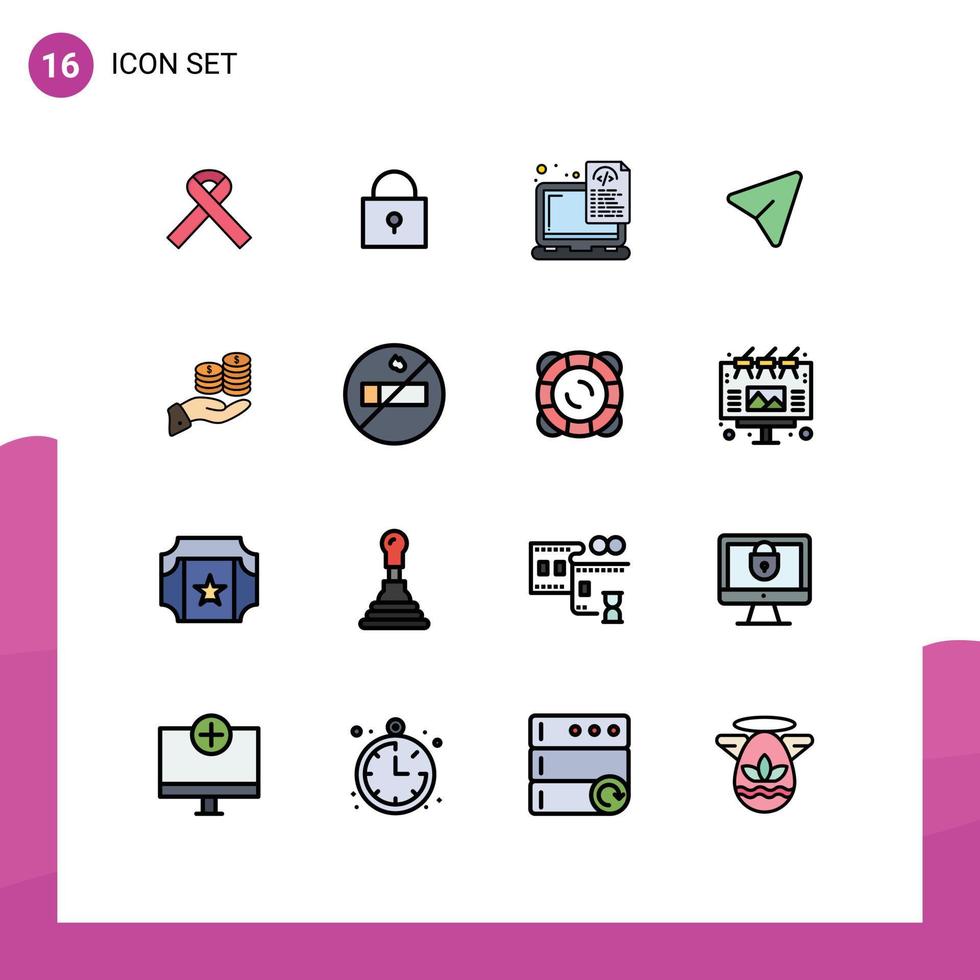 Móvel interface plano cor preenchidas linha conjunto do 16 pictogramas do moeda poupança arquivos computador PIN editável criativo vetor Projeto elementos
