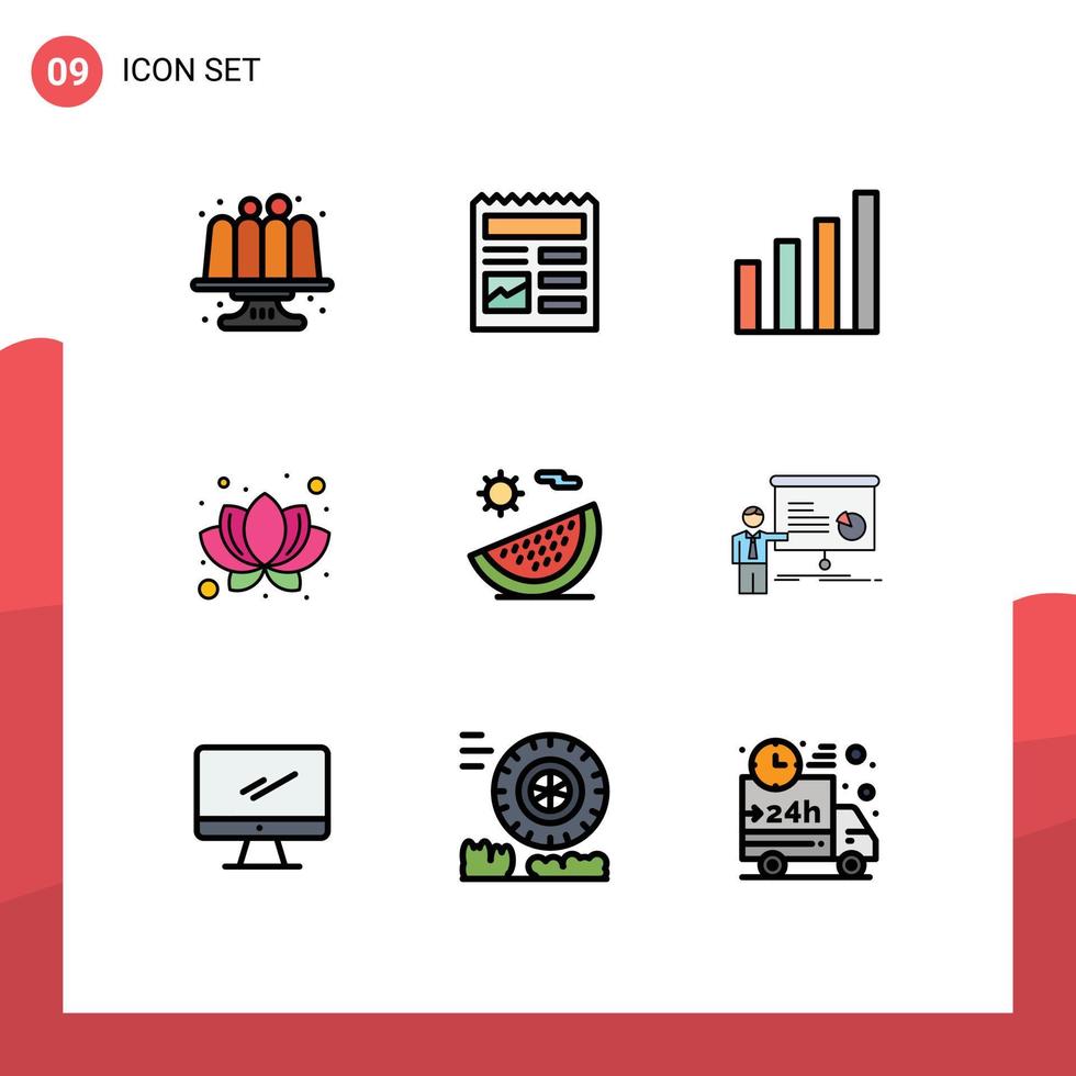 Móvel interface linha preenchida plano cor conjunto do 9 pictogramas do fruta de praia analítico plantar lótus editável vetor Projeto elementos