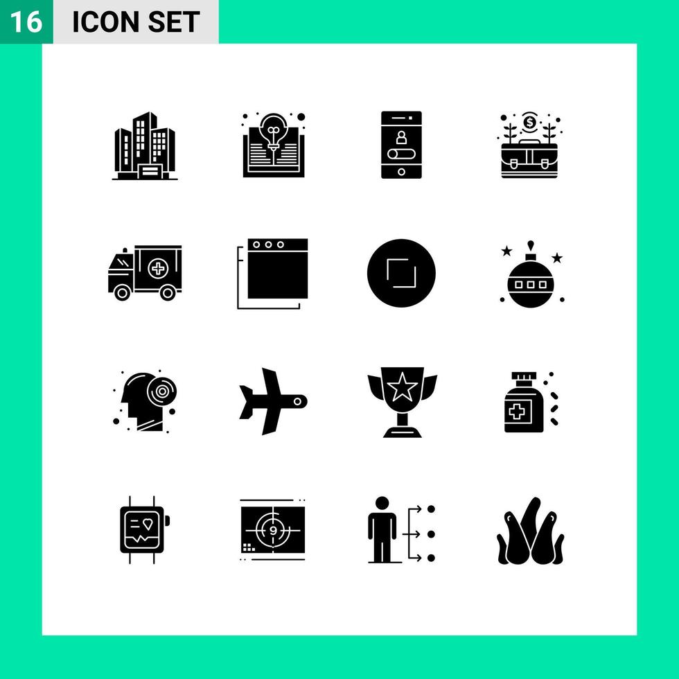 Móvel interface sólido glifo conjunto do 16 pictogramas do crescer caso chamando o negócio Telefone editável vetor Projeto elementos