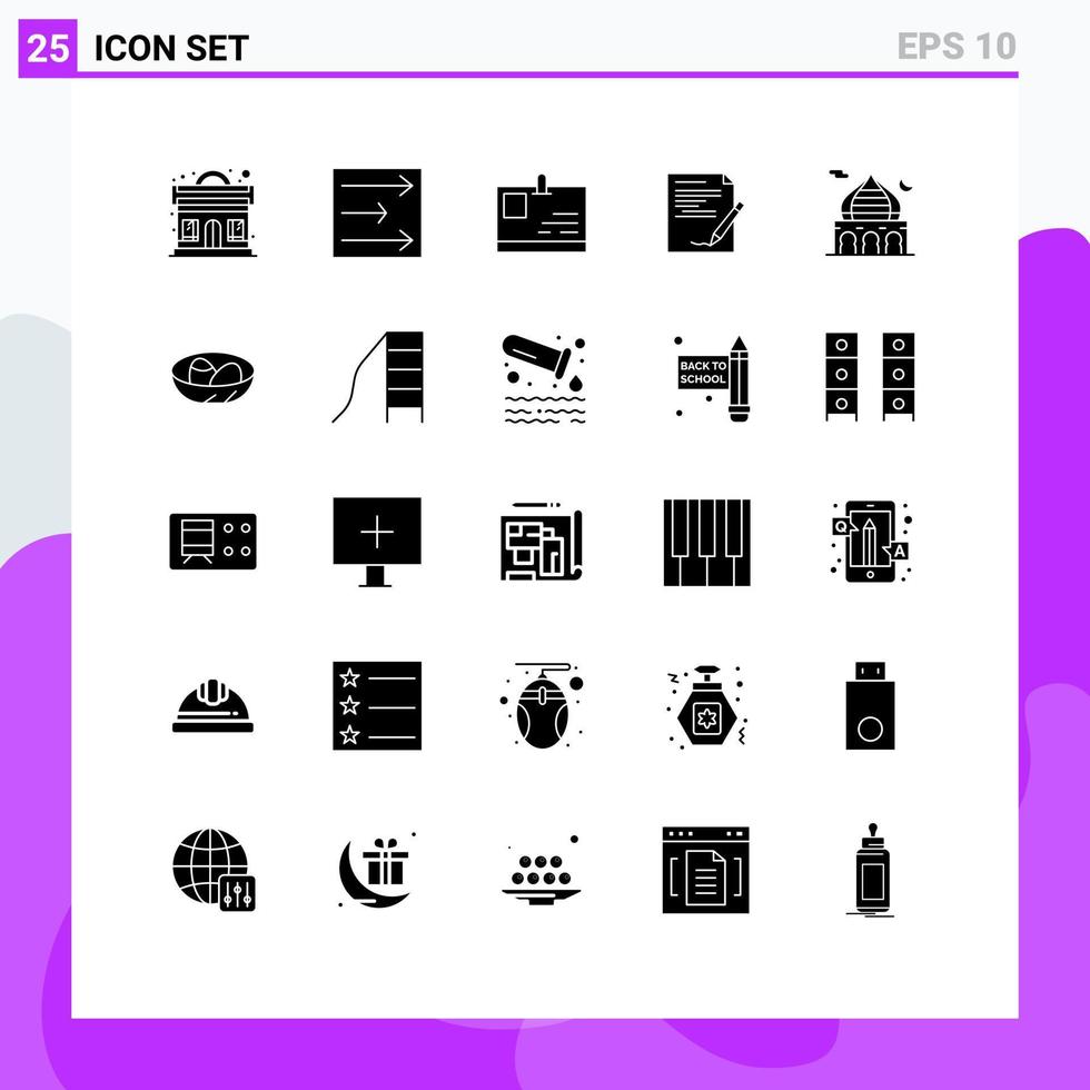 Móvel interface sólido glifo conjunto do 25 pictogramas do masjid relatório Eu iria cartão Nota papel editável vetor Projeto elementos