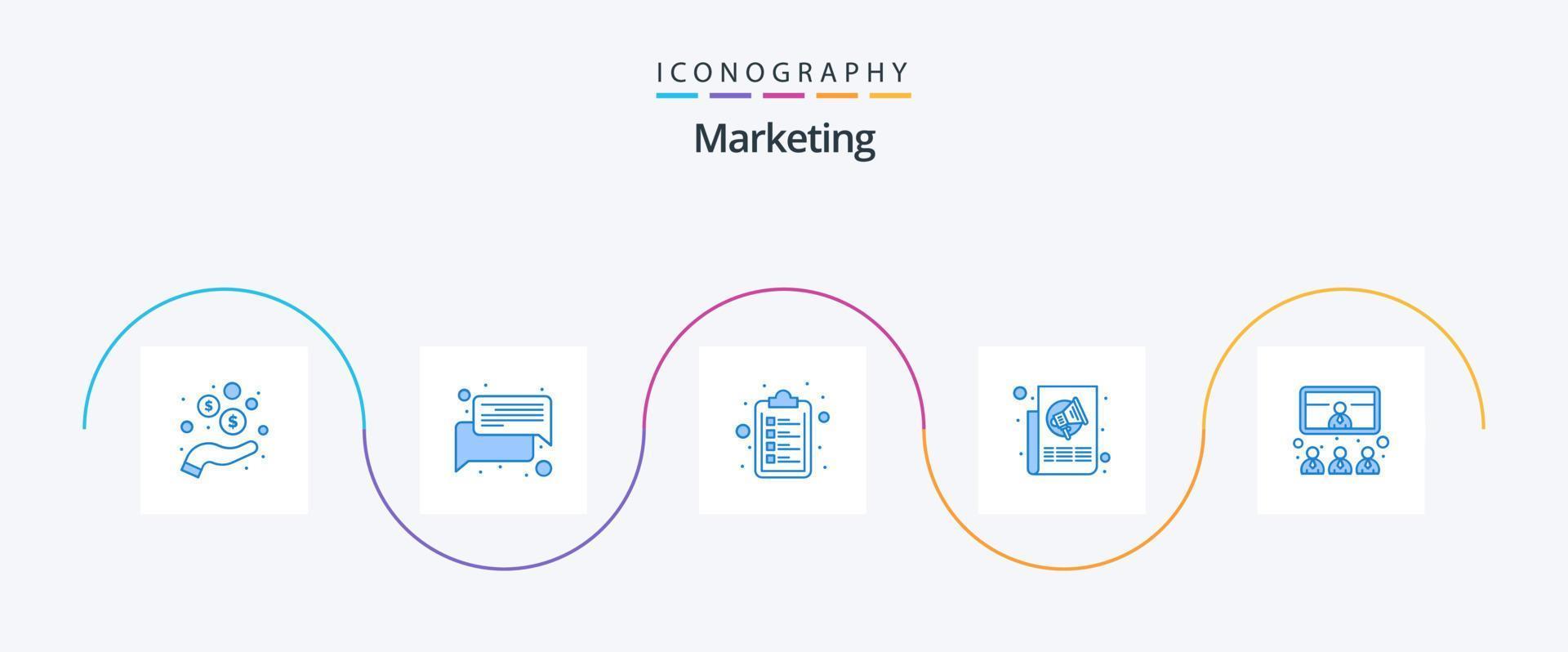 marketing azul 5 ícone pacote Incluindo conferência. imprensa. Verifica lista. papel. marketing vetor