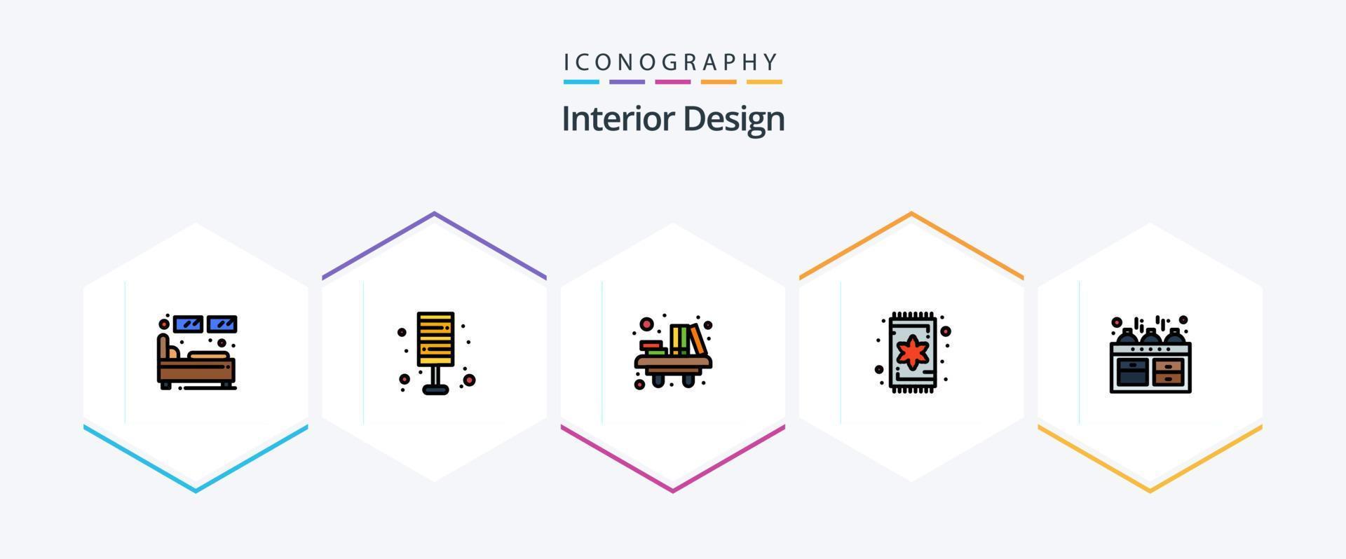 interior Projeto 25 linha preenchida ícone pacote Incluindo interior. tapete. lâmpada. mesa. biblioteca vetor
