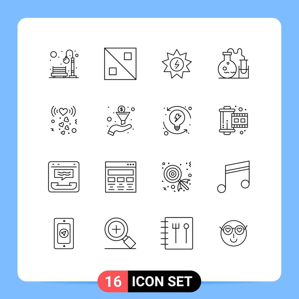 Móvel interface esboço conjunto do 16 pictogramas do amor Ciência energia laboratório tubo editável vetor Projeto elementos