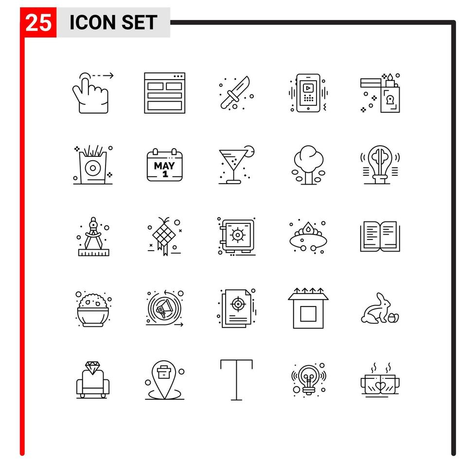 moderno conjunto do 25 linhas e símbolos tal Como fogo jogador acampamento vídeo telefone editável vetor Projeto elementos