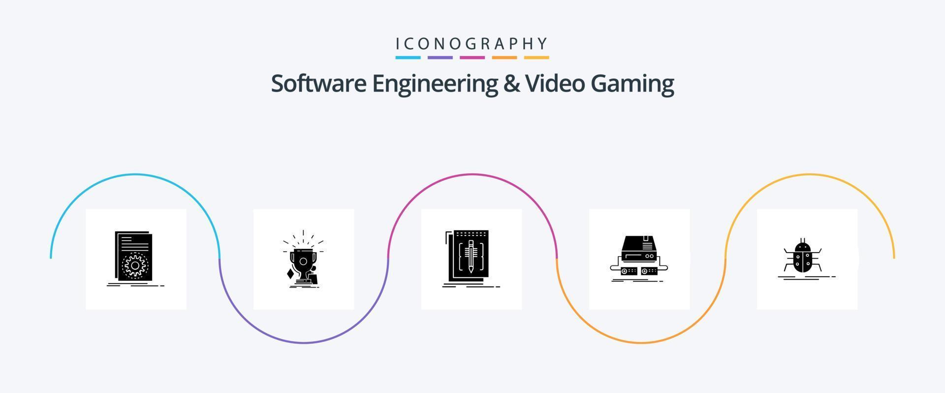 Programas Engenharia e vídeo jogos glifo 5 ícone pacote Incluindo jogos. console. troféus. programa. editor vetor