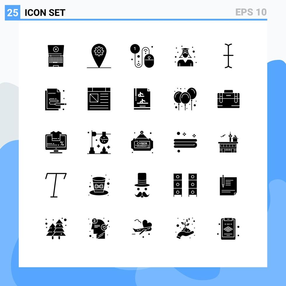 Móvel interface sólido glifo conjunto do 25 pictogramas do entrada mulher clique escola graduado editável vetor Projeto elementos