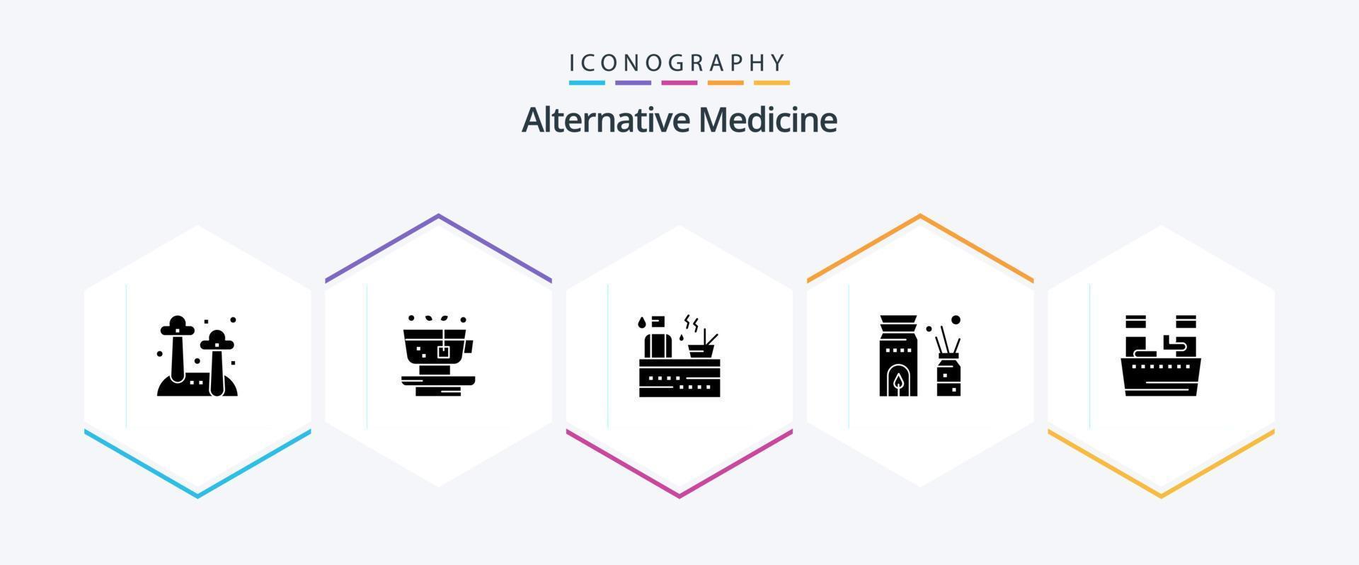 alternativo remédio 25 glifo ícone pacote Incluindo absorver. aroma. quente. relaxar. aromaterapia vetor