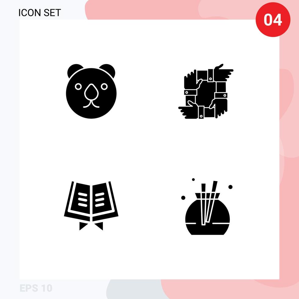 pacote do 4 moderno sólido glifos sinais e símbolos para rede impressão meios de comunicação tal Como Urso livro trabalho em equipe mãos Alcorão editável vetor Projeto elementos