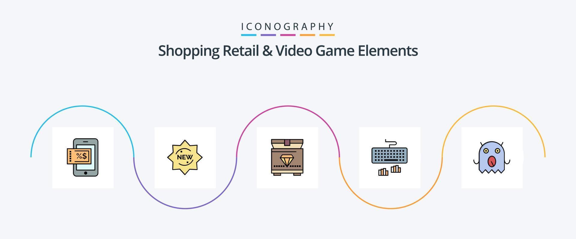 compras varejo e vídeo jogos elementos linha preenchidas plano 5 ícone pacote Incluindo . estrangeiro. peito. monstro. tipo vetor